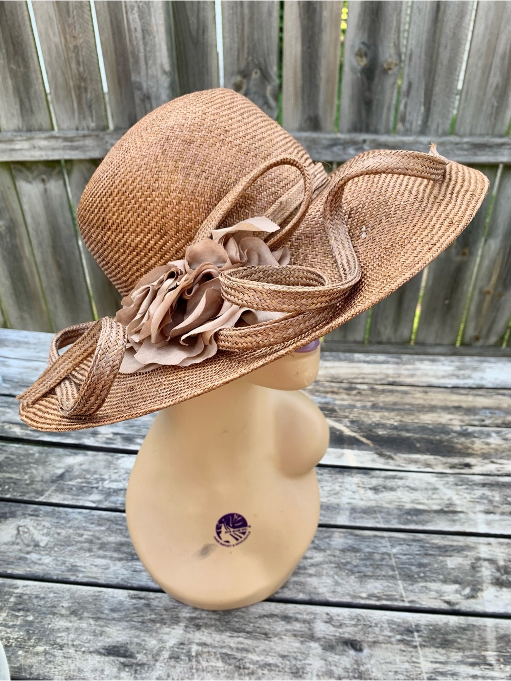 NWT Swan Hat New York Bronze Straw Church Derby Hat w/ Rosette Flower